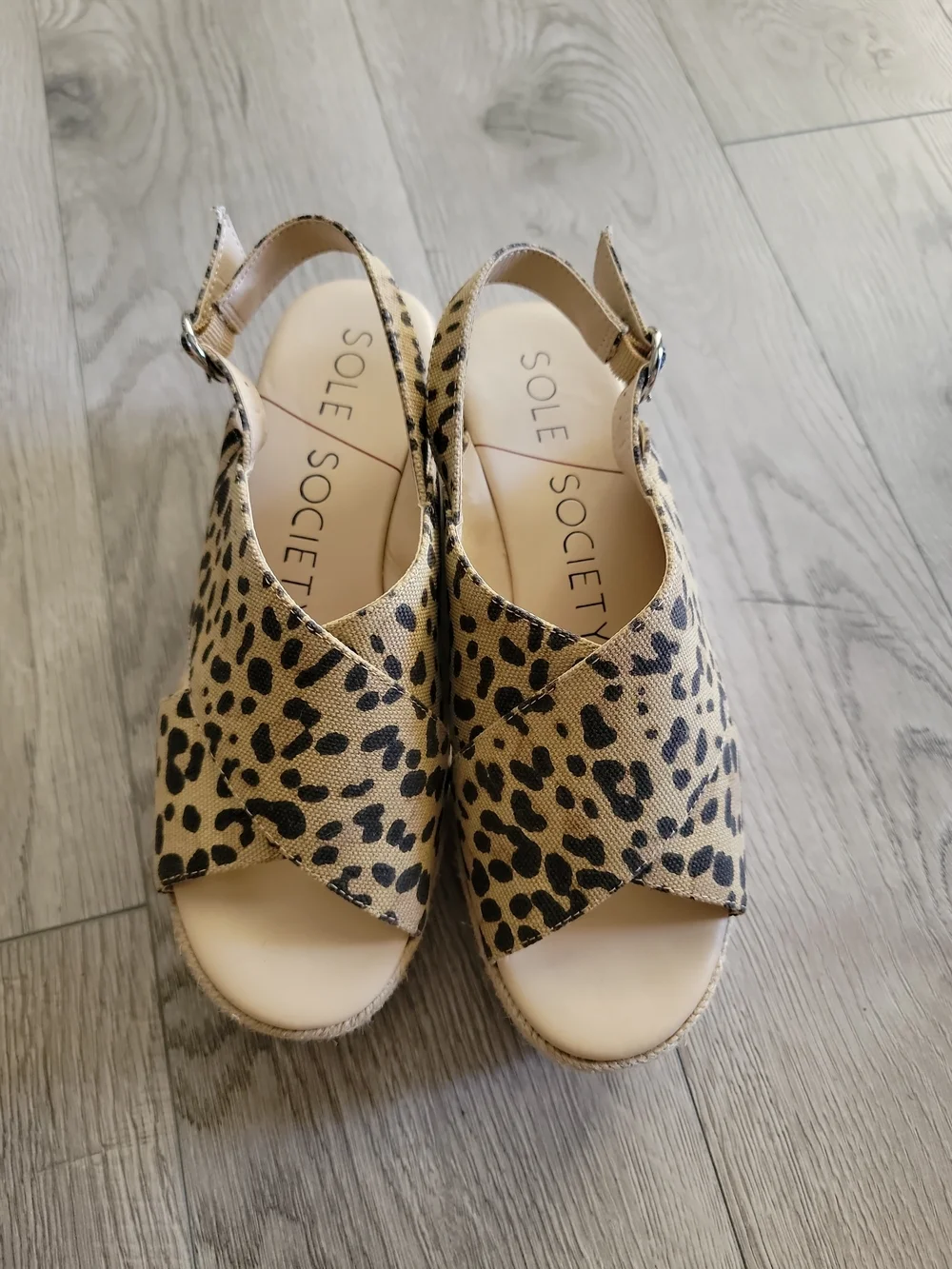 Sole Society Women's Leopard Print Slingback Espadrille Sandals Tan/Black 7 EUC